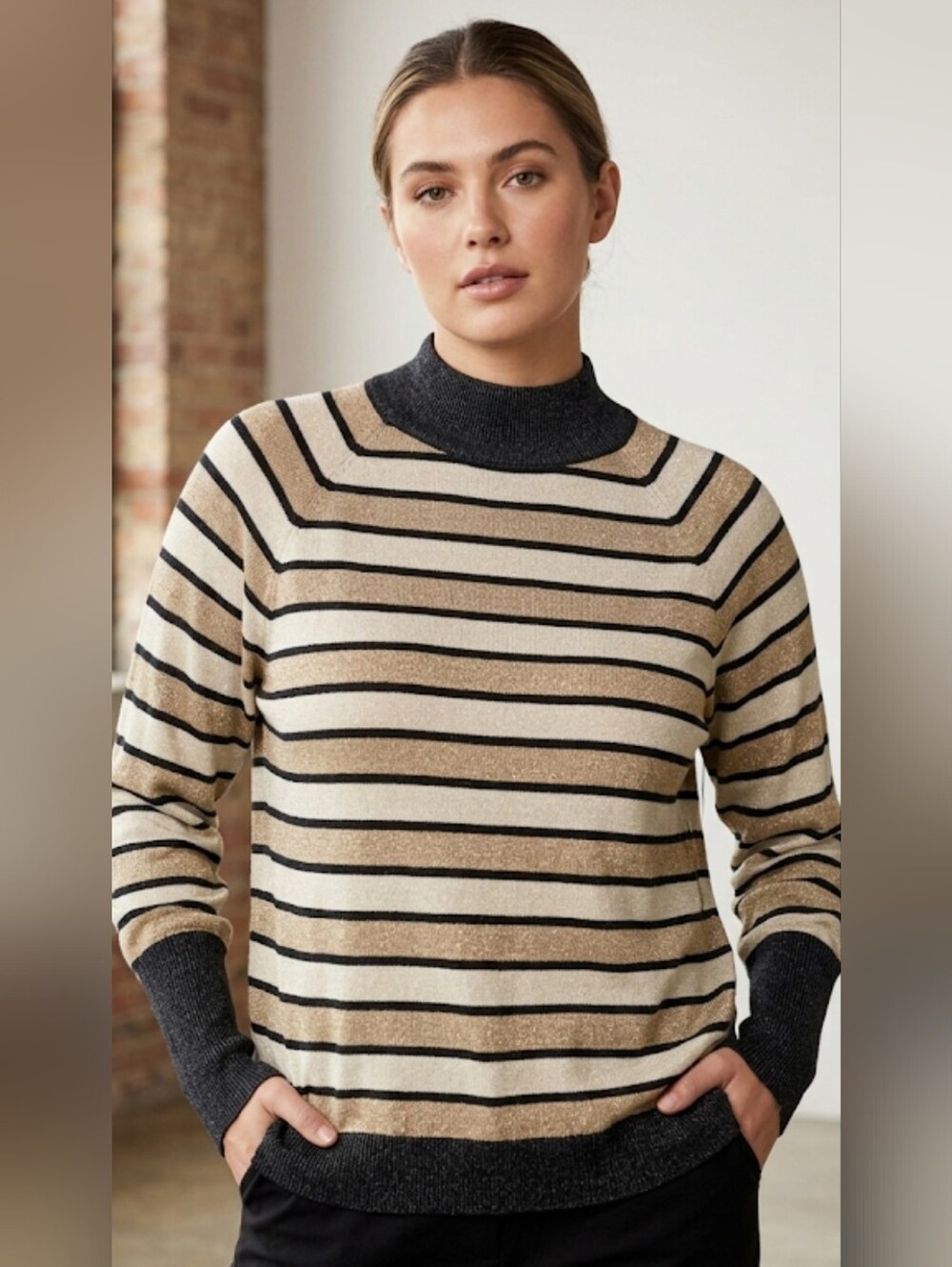 Chaser Lurex Striped Mock Neck Knit Sweater Metallic Gold Black Cream Size L